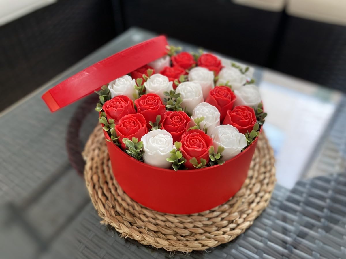21 Rosas de Jabón de Glicerina en Caja Redonda Roja – Arreglo Floral Artesanal para Regalos Románticos y Decorativos