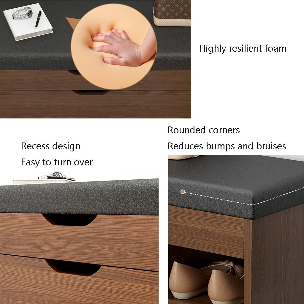 Banc de Rangement pour Chaussures à 3 Niveaux avec Coussin de Siège et Tiroir Rabattable en Bois