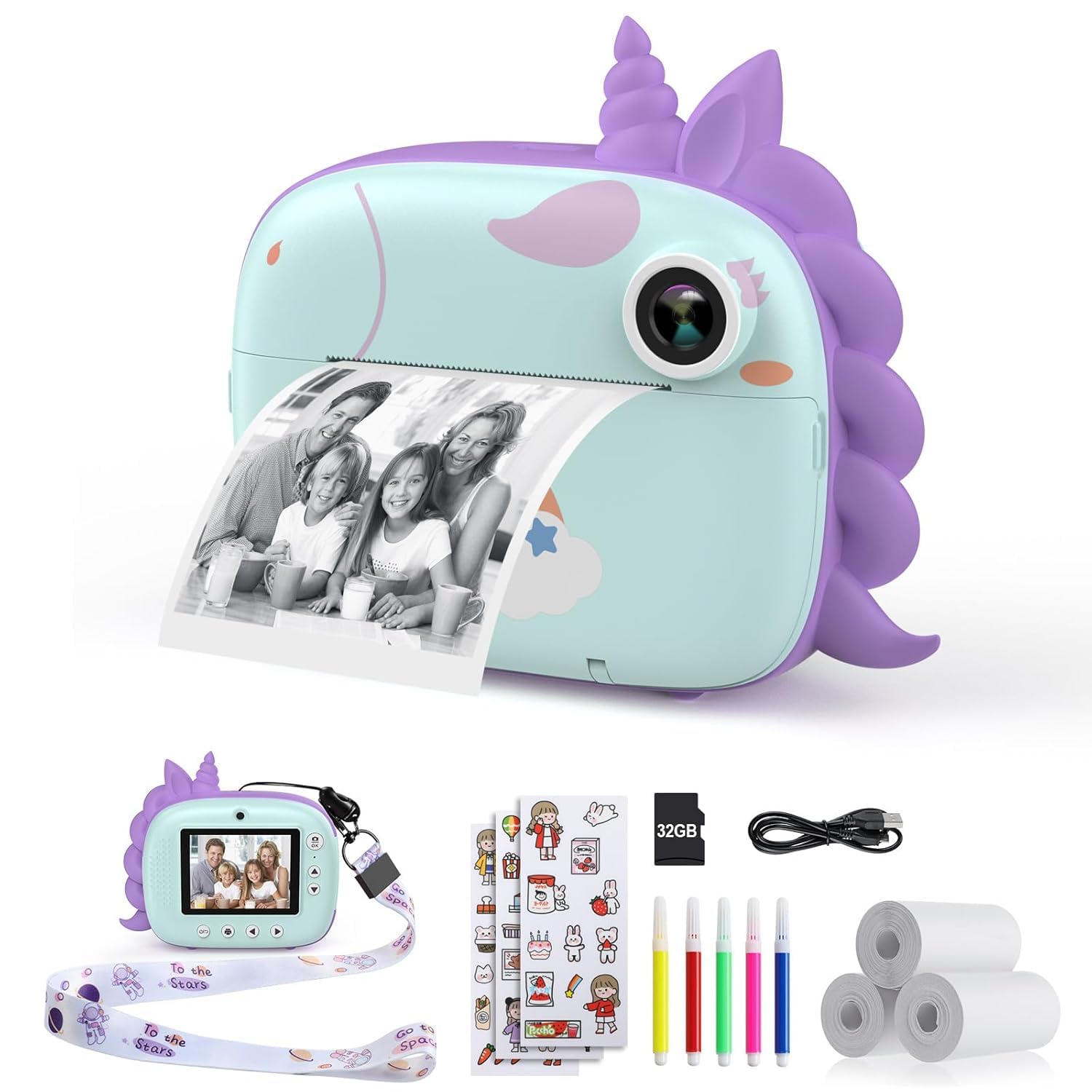 Kids Instant Print Camera, Selfie Digital Camera for Kids with Print Paper & 32G Card, 2.5K Video, Color Pens for DIY, Fun for Girls Boys 3-12 Years Old (CAM42)
