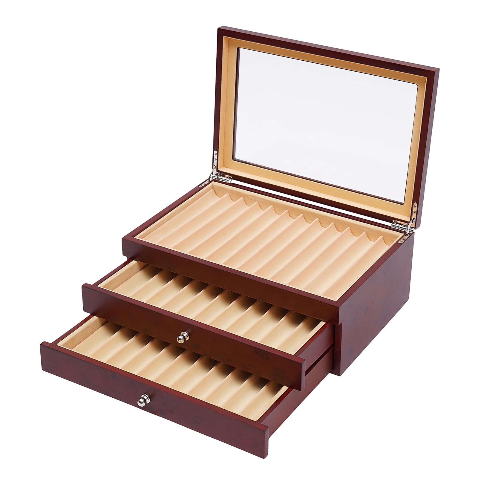 3 Layers Wood Pen Display Box, 34 Slots Wooden Fountain Collector Organizer Case Holder Storage w/Glass Top Window, Luxury Gift (Red)