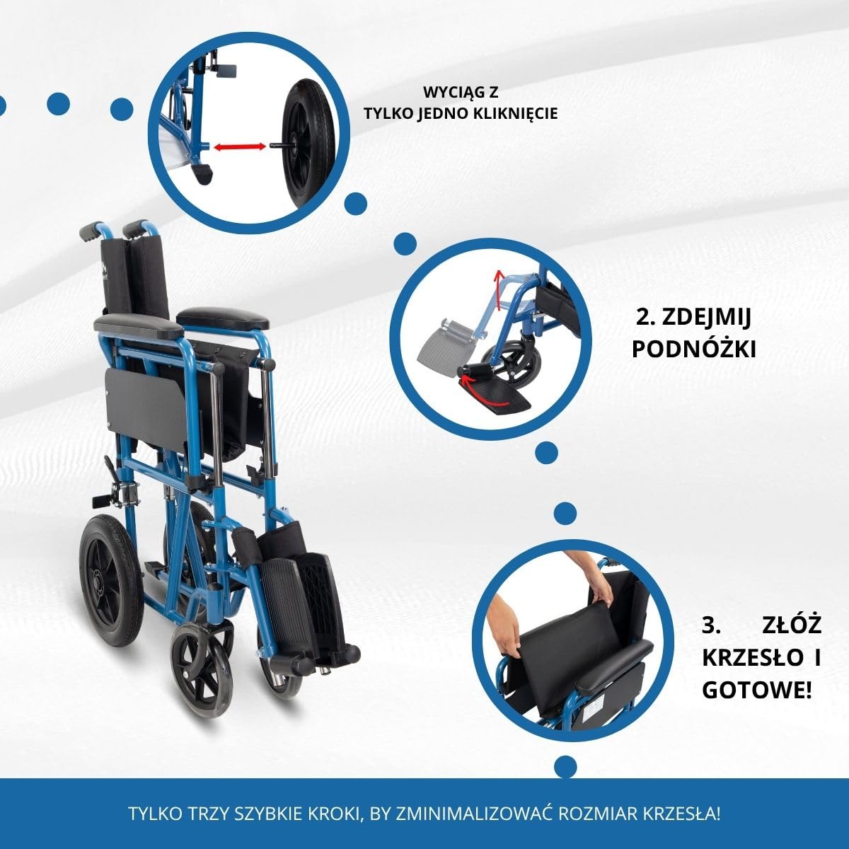 Mobiclinic®, Składany wózek inwalidzki, Marsella, Kółka z możliwością szybkiego zwolnienia po naciśęciu przycisku, Stabilny, Siedzisko 46 cm, Dźwignia hamulca, Niebieski