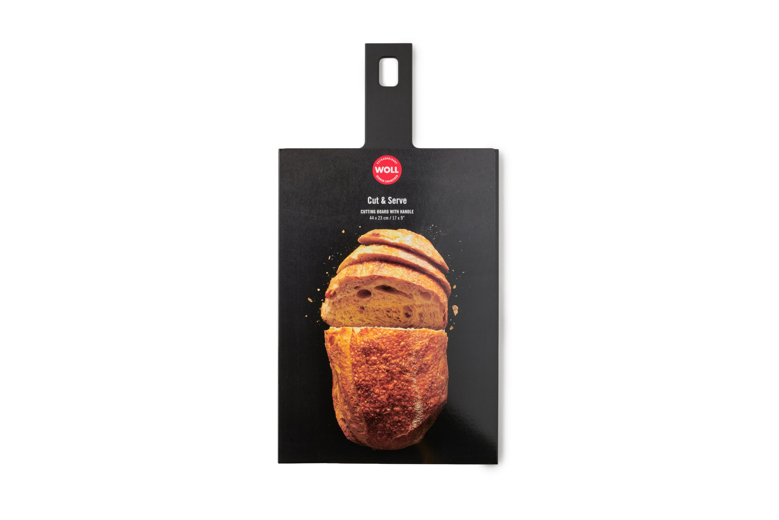 WOLL – Planche à découper Cut & Serve 44 x 23 cm avec poignée – composite papier certifié FSC – sans BPA ni COV – résistante à la chaleur – compatible lave-vaisselle, noir mat