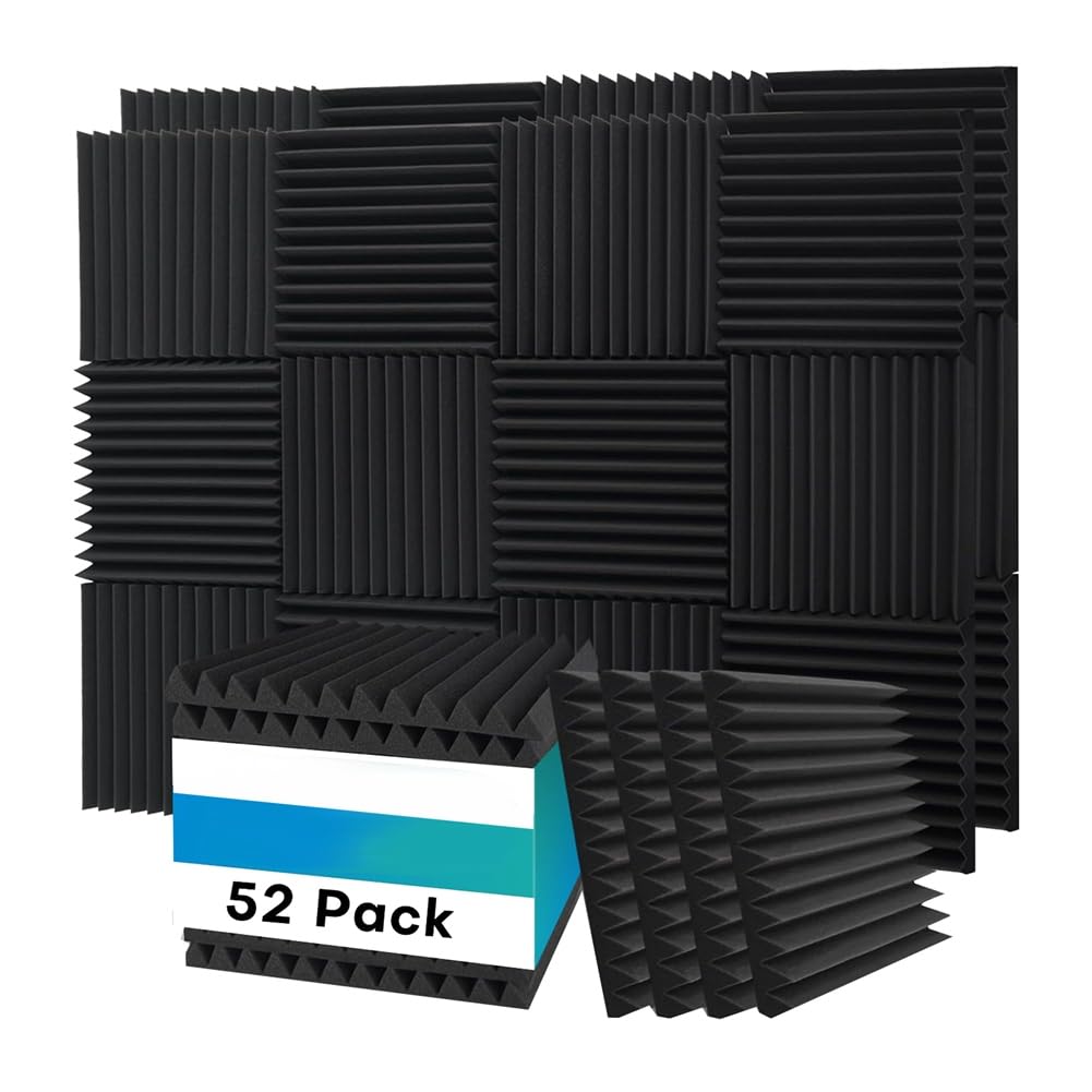 Zestaw 52 paneli z pianki akustycznej, 2,5 x 30,5 x 30,5 cm, płyty piankowe dźwiękochłonne do ścian, płyty akustyczne pochłaniające dźwięk, czarne