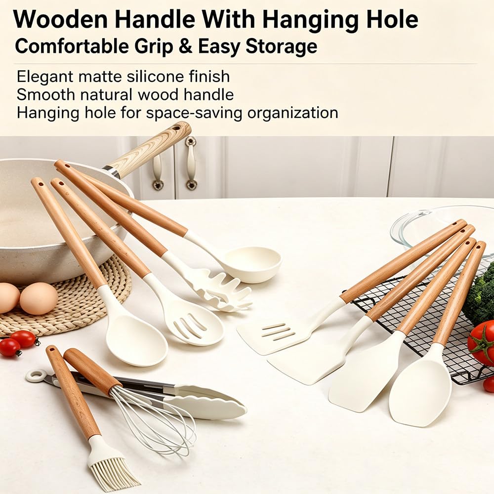 Set di 34 Utensili da Cucina in Silicone Alimentare, Kit Completo per Cucinare E Preparare Dolci con Contenitore, Accessori in Acciaio Inox E Set di Misurini E Cucchiai Dosatori Khaki