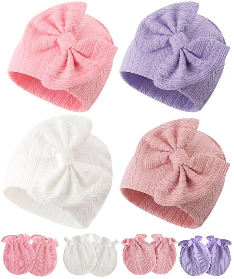 BQUBO Newborn Baby Hats Bear Ears and Mittens Sets Preemie Caps Baby Boy Girl Infant Hospital Beanie for 0-3 Months