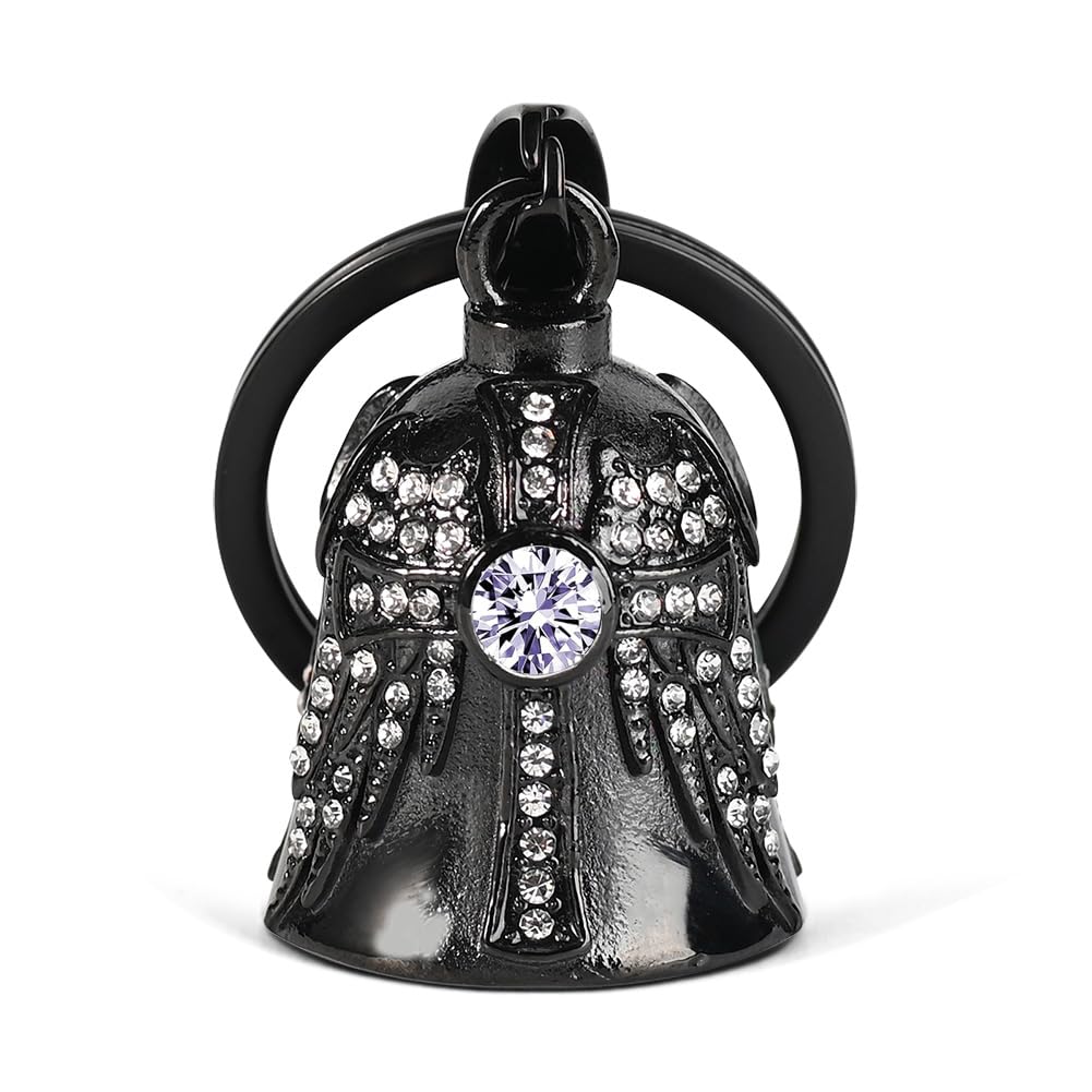 MidSmile Birthstone Angel Wings Guardian Bell for Motorbikes: Cross Gremlin Bell Motorcycle, Keychain Key Rings Motorbike Accessories Lucky Viking Gifts for Men and Women