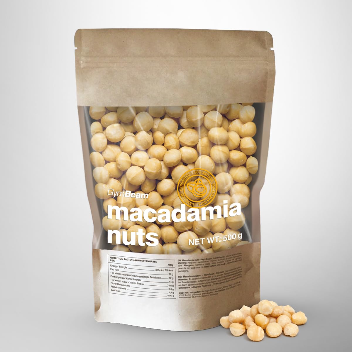 GymBeam Noci di Macadamia Intere 500g, Noci di Macadamia Non Salate dal Sapore Burroso e Croccante, Ricche di Grassi Sani, Prive di Additivi, Ideali per Vegani, Snack Salutare