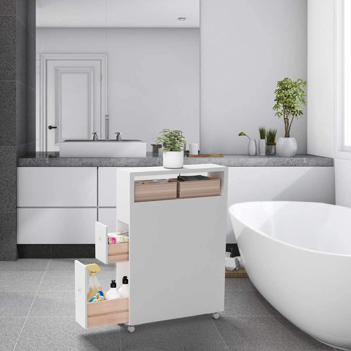 Squareful Narrow Bathroom Cabinet, Rolling Slim Storage Cabinet w/Wheels, Toilet Cabinet w/Slide-Out Drawers & Baskets, Space-Saving Bathroom Organizer Floor Cabinet HW66225WH