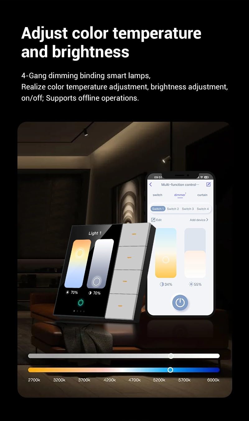 per Tuya per Zigbee Interruttore da parete da 3,5 pollici, 4 gruppi 8 scene Touch Panel Controllo della cortina luminosa, Display 320x480 Nero