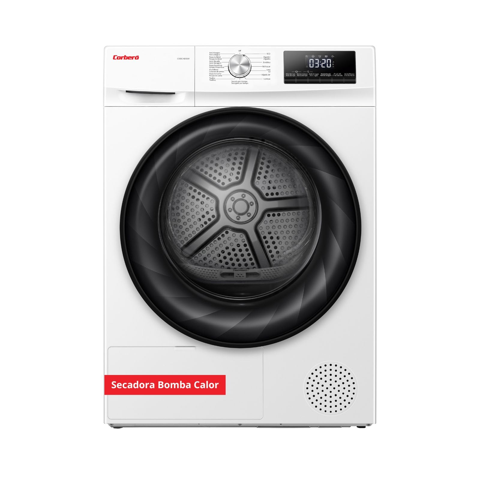 Corberó – Heat Pump Dryer | CSBCH930W | 9 kg | 15 Programmes | LED Display | Delayed Start | Anti-Wrinkle Function | Drying Rack | 64 dB | White