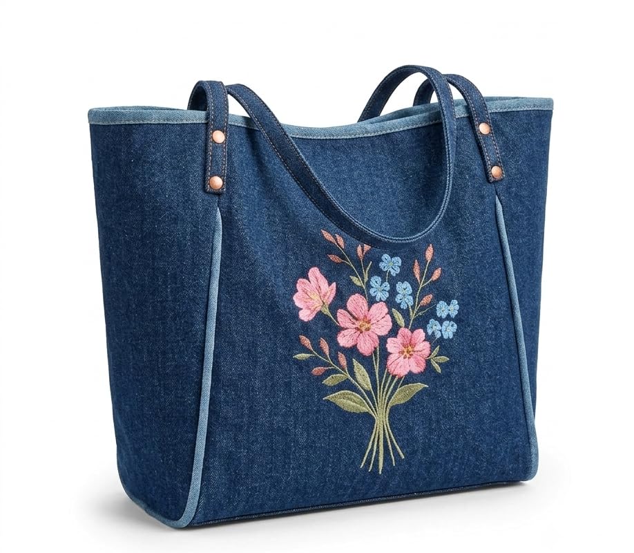 Women's Floral Denim Tote Bag Large Shoulder Handbag for Daily Use-image-7
