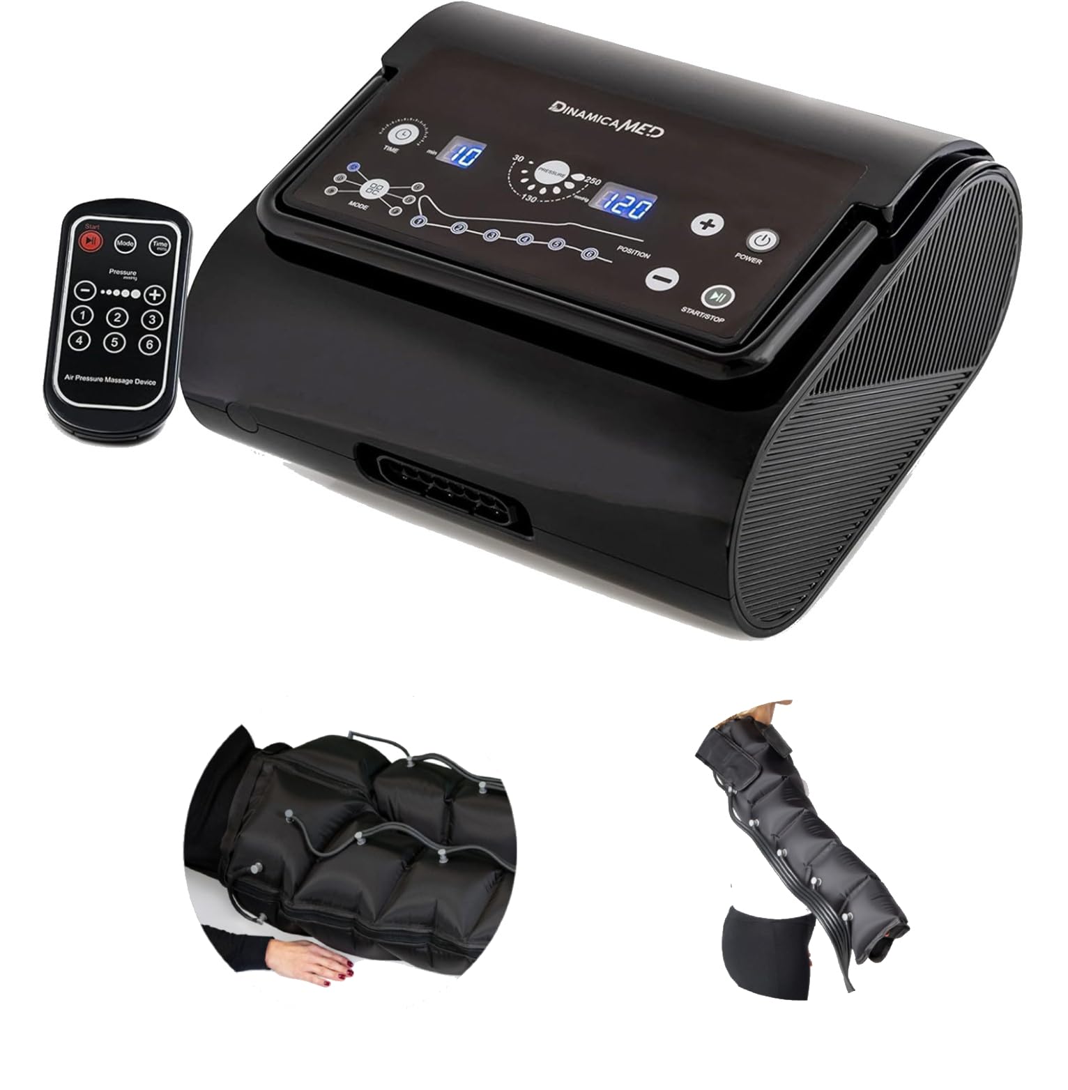 Dinamicamed ® Premium 6.0 Pressoterapia Linfodrenaggio Professionale Digitale Compact, Pressoterapia per Casa con 6 Programmi, Massaggio Linfodrenante 6 Camere con Pantalone lungo e Bracciale