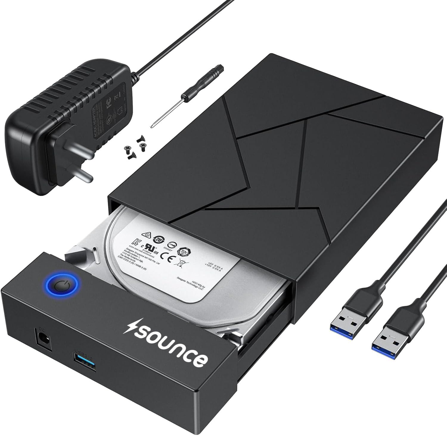 Sounce 3.5 Inch Hard Drive Enclosure USB 3.0 External Hard Drive Docking Station for 3.5 2.5 inch SATA Hard Drives SSD 16TB Storage Capacity HDD Enclosure with 12V/2A Power Supply UASP Acceleration