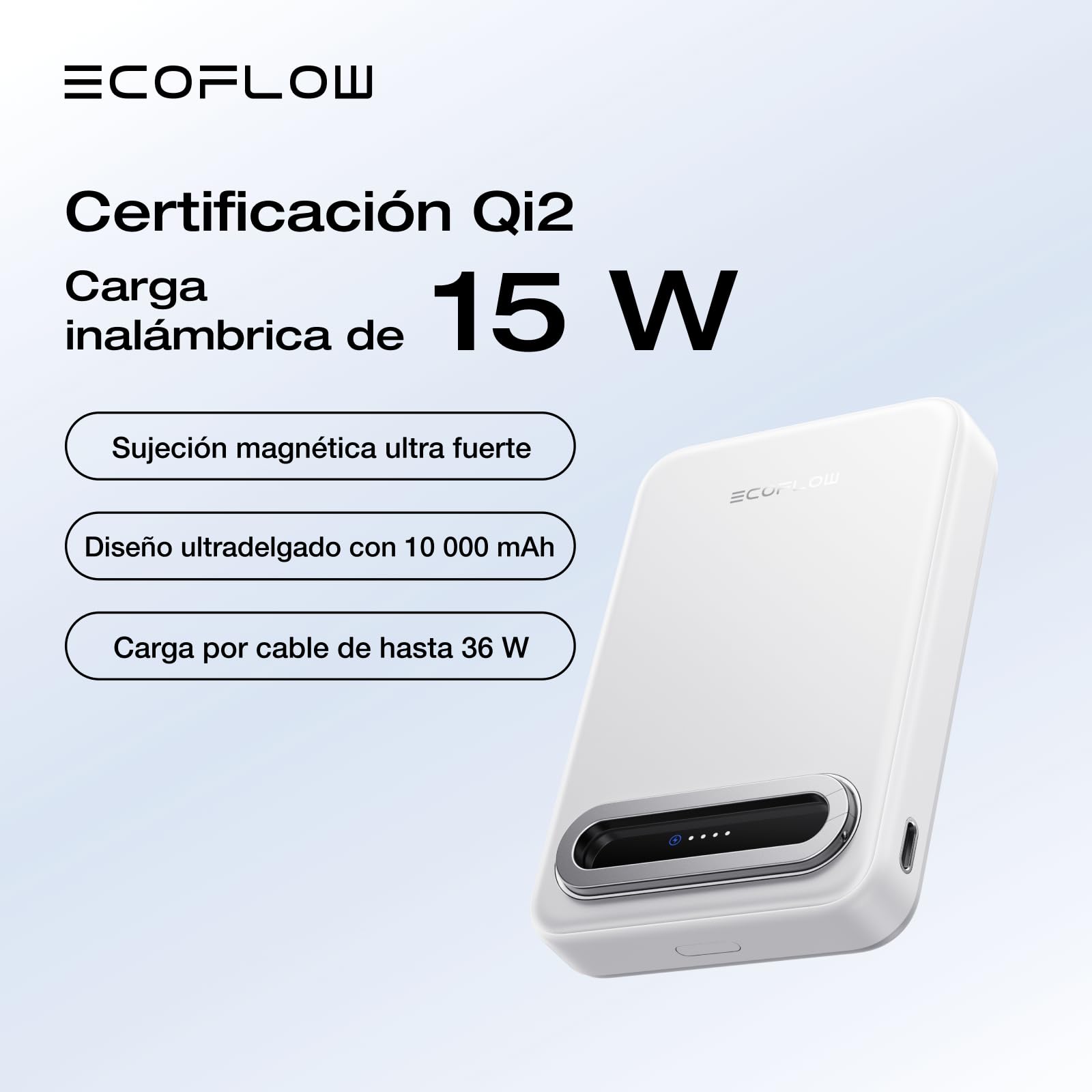 EcoFlow Qi2 Powerbank magnético 10000mAh 15W certificado Qi2 batería externa inalámbrica magnética 36W cargador portátil para iPhone 17/16/15 Pro Max Blanco