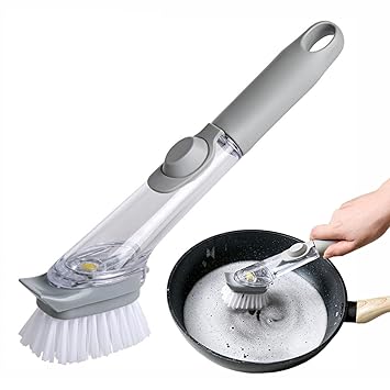 KESI ORNAMENTS Dish Cleaning Brush Washing Up with Detergent Dispenser, Cleaning Brush with Brush Heads, Dish Brushes with Handle, Multifunctional Kitchen Brush for Kitchen, Household, Pot, Sink Bowl - image, photos