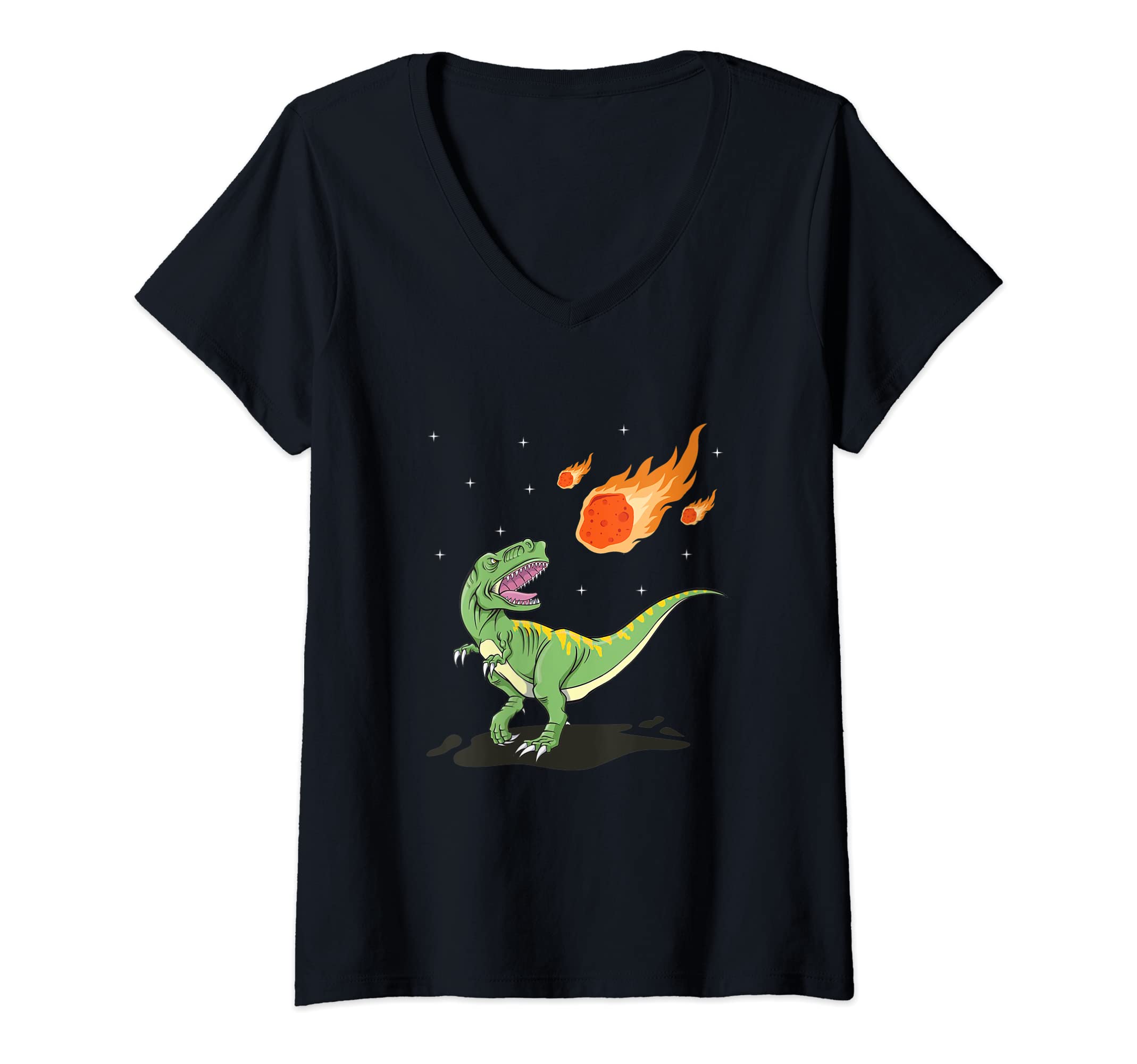 Womens Dinosaur Meteorite Comet Meteor Shower Tyrannosaurus V-Neck T-Shirt