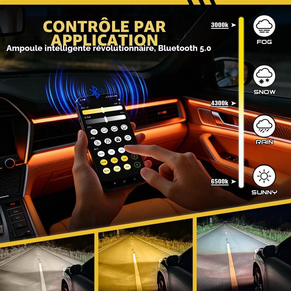 Ampoule H4 LED, CANBUS Erreur H4 LED Smart App Control Luminosité&Température de Couleur, 3000K Jaune à 6500K Blanc Froid 150W 800% Plus Lumineux Connexion Bluetooth(2Pcs)