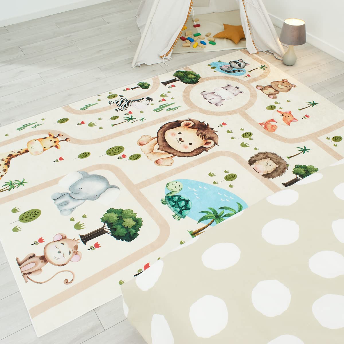 Nazar Tapis Chambre Enfant, Tapis Bébé, Tapis Enfant pour Fille et garçon à Motifs Dinosaure, Carte du Monde et Animaux (739 Beige, 80x150 cm)