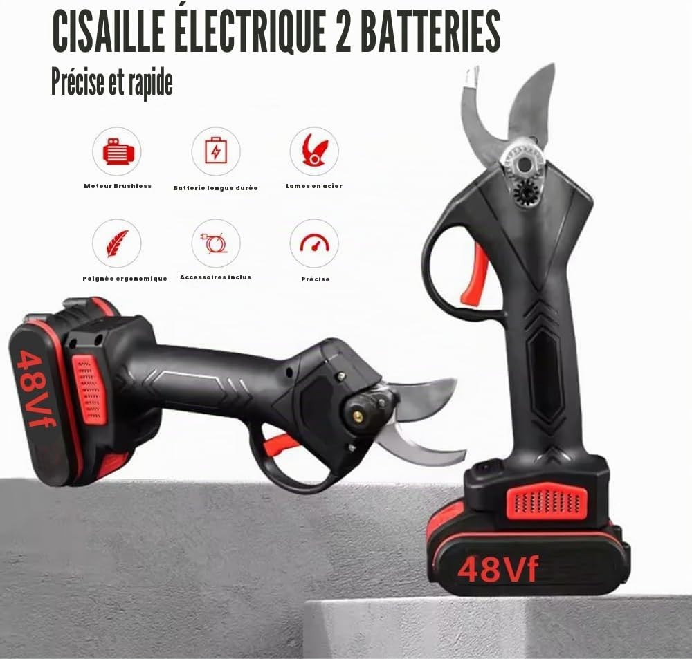 SQUADO - Cisaille d'élagage, Double Batterie 48V Cisaille électrique d'élagage, Ciseaux pour Jardinage