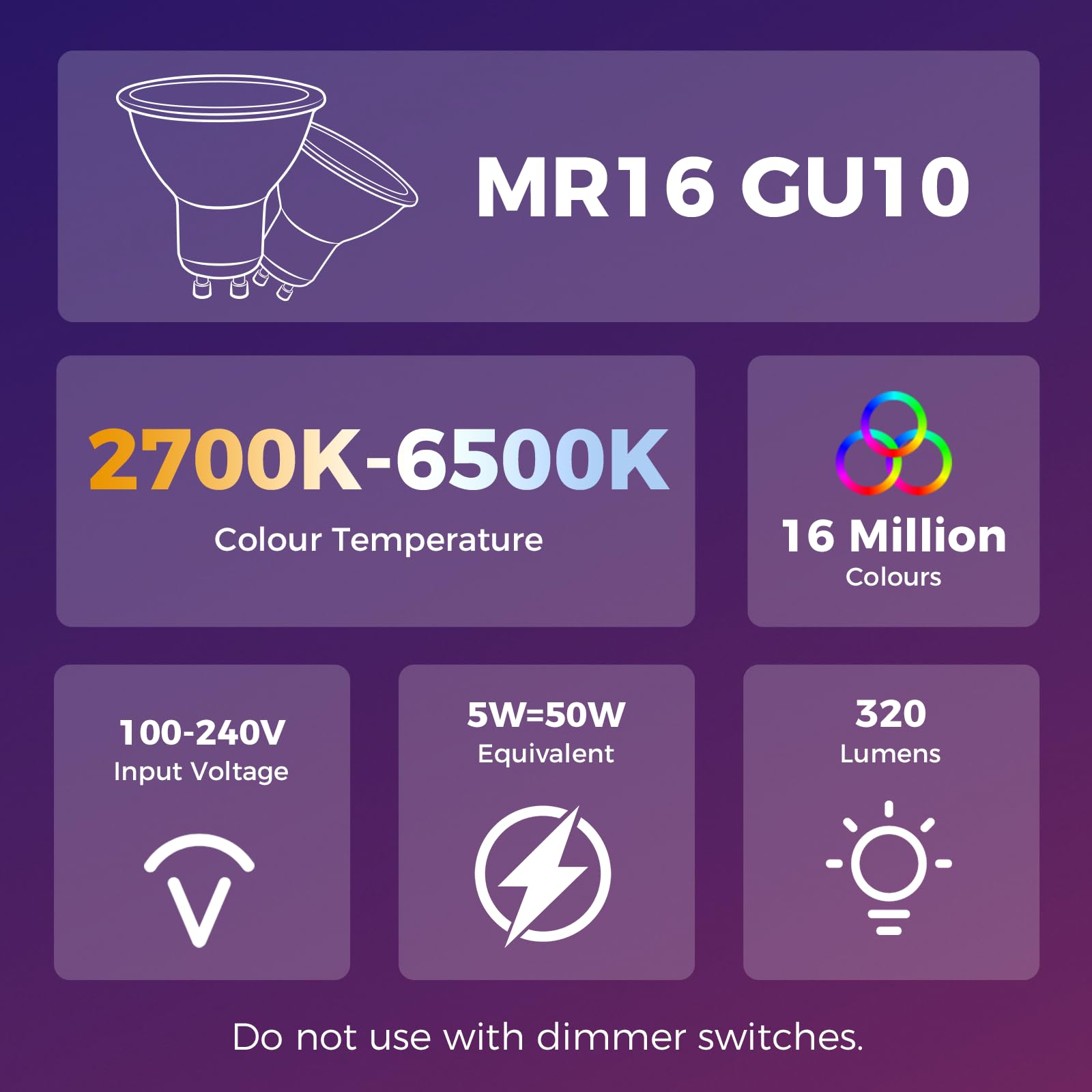 DiCUNO Bombilla LED Inteligente WiFi GU10, 5W Equiv. 50W, RGBCW, Pack de 4 | Regulable multicolor 2700K-6500K, 320lm, GU10 LED Compatible con Alexa, Google Home, No se Requiere Concentrador