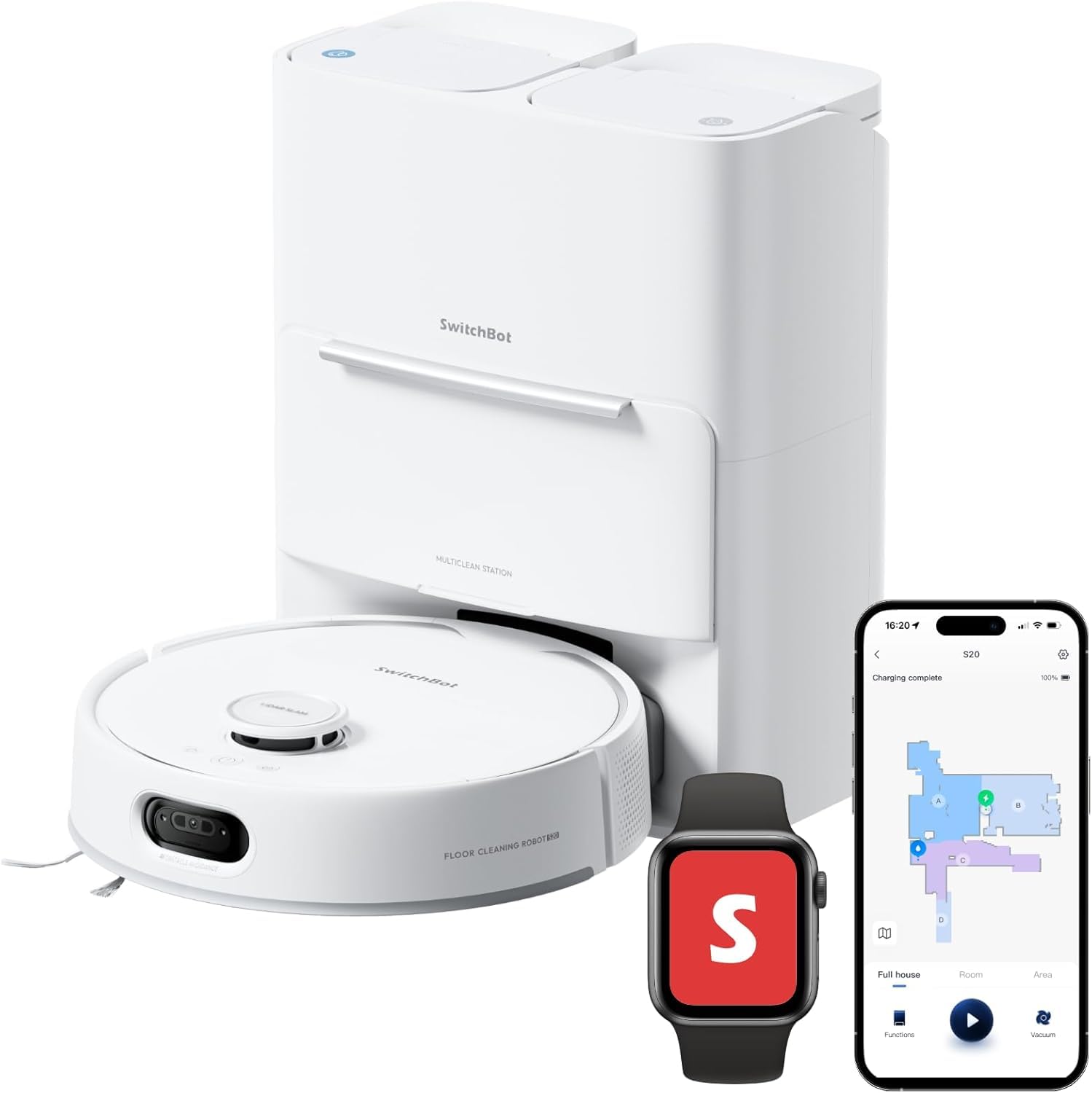 SwitchBot S20 Robot Vacuum Cleaner Tools, unikanie przeszkód AI, 10000 Pa, samoopróżnianie i napełnianie, czyszczenie i czyszczenie samooczyszczające, uchwyt matowy i Apple Home