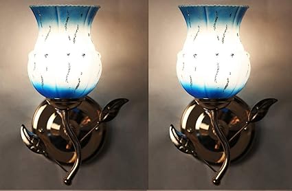 Royal Glass Fancy 40W Round Wall lamp with Metal Fitting and All Fixture (firozi) - Set of Two(Electric)