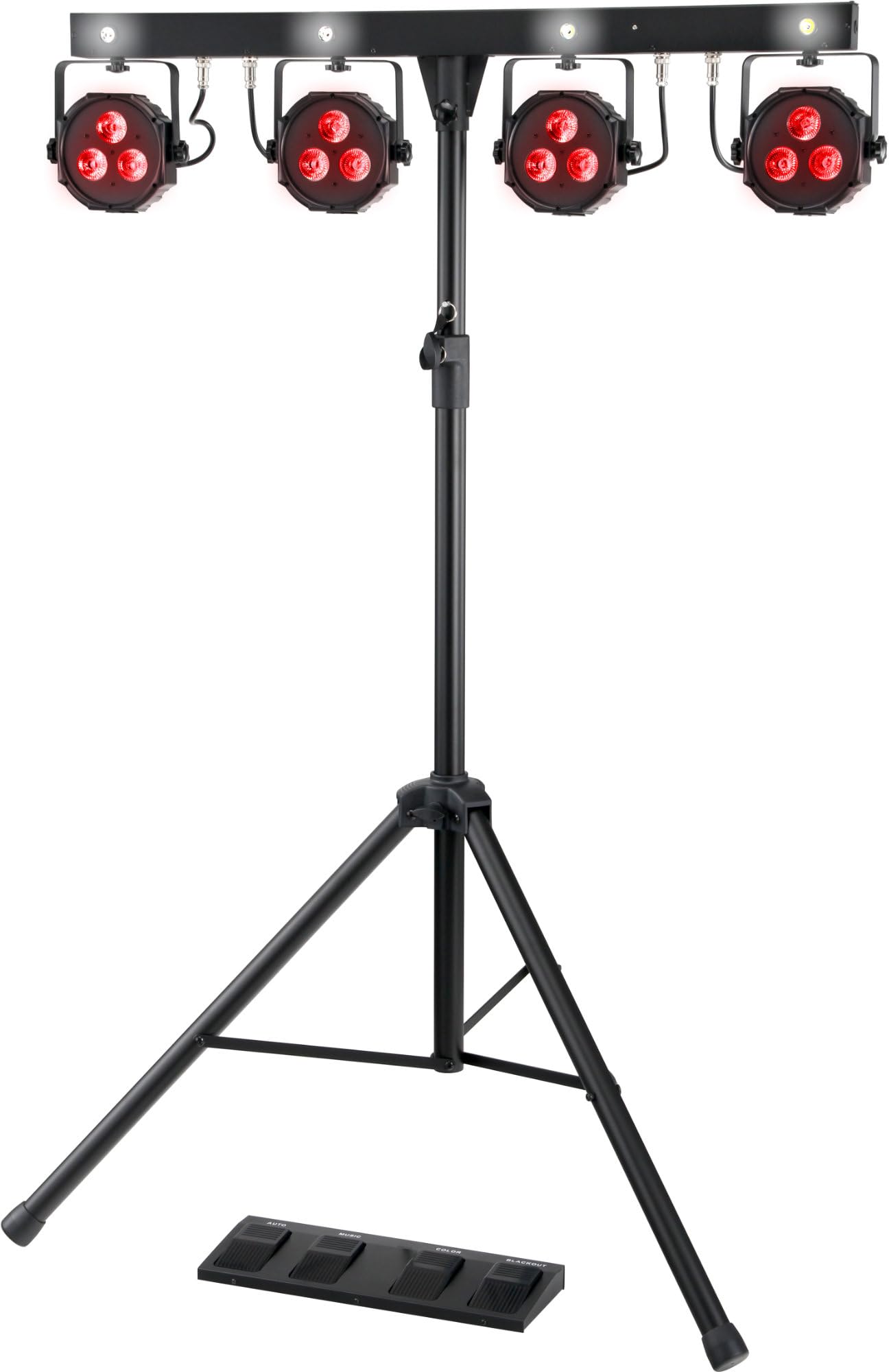 Showlite LB-4390 Sistema Completo LED RGB, con Pedale Wireless (Tri-LED PAR Spots, Strobe Spot bianchi, DMX512, Pedale Wireless, Display LCD, Microfono, T-Bar, Statore, Borse)