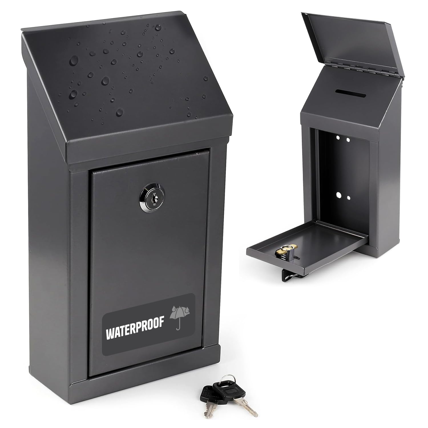 My Charity Metal Donation & Collection Office Suggestion Secure Box With Top Coin Slot and Lock - Easy Wall or Counter Top Mounting (Grey Waterproof)