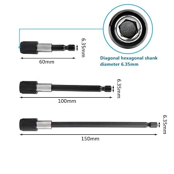 3 adet mıknatıslı uç tutucu, manyetik matkap uzatma tutucu, 60/100/150 mm 1/4 inç altıgen şaft, hızlı değiştirme ucu, matkap için uzatma çubuğu