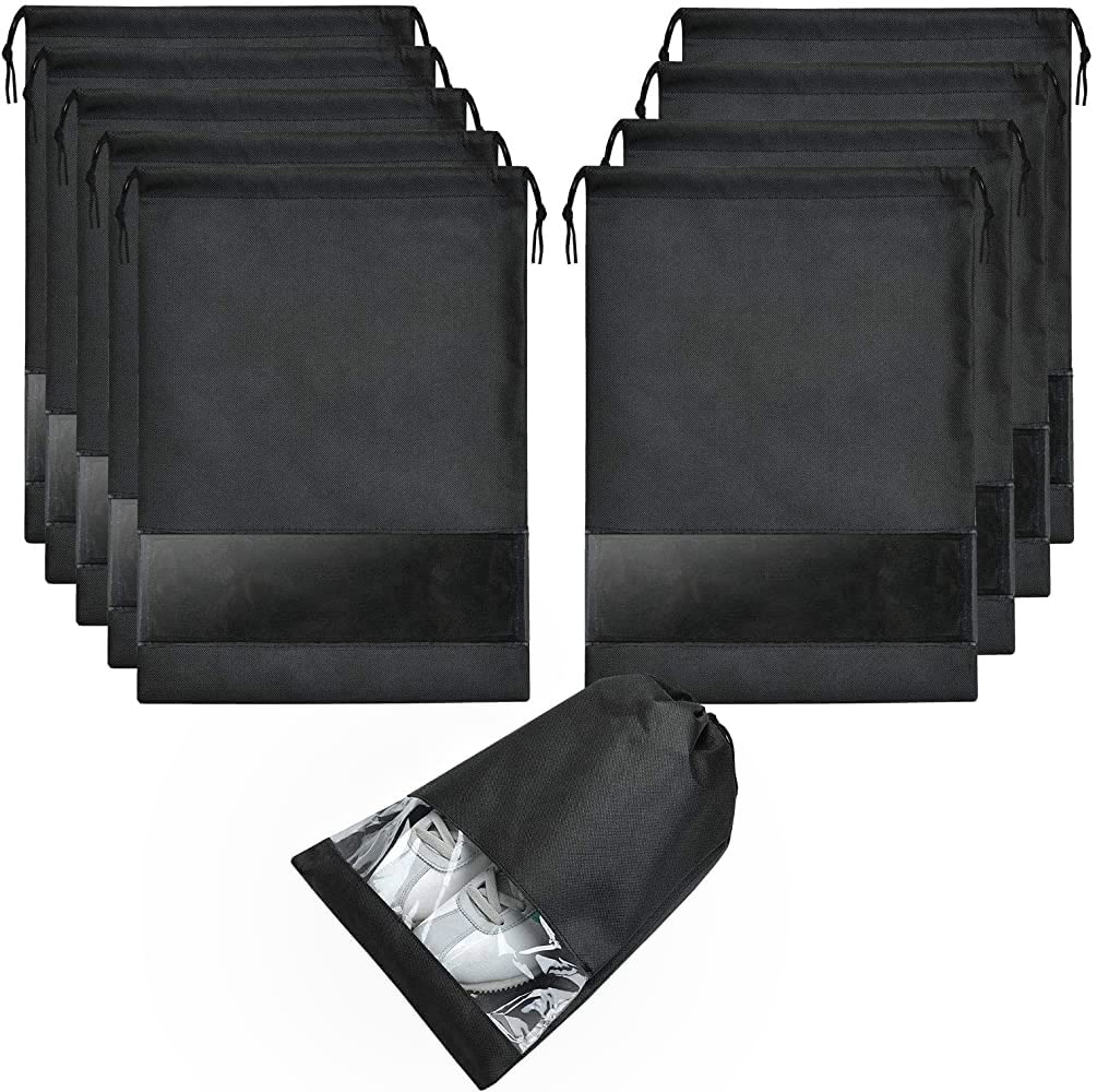 NAAH LLC12 Pcs Large Travel Storage Shoe Bag, Non-Woven Storage Organizer Bag Waterproof Shoe Bags for Gym Traveling For Men and Women (Black)