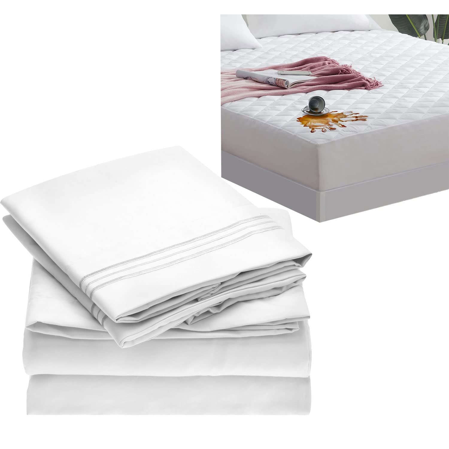 Mellanni Bed Sheet Set + Waterproof Mattress Pad Bundle&Save - Bundle Includes: 4pcs Bed Sheet Set and Waterproof Mattress Pad 16" (King, White)