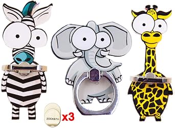 ZOSTLAND 3PCS Funny Zebra Elephant Giraffe Phone Ring Universal 360Adjustable Case Finger Grip Stand Holder Desk Stent Mount Hook Compatible with iPhone15 14 13 12 MAX Plus Pad3pcs Big Eyes