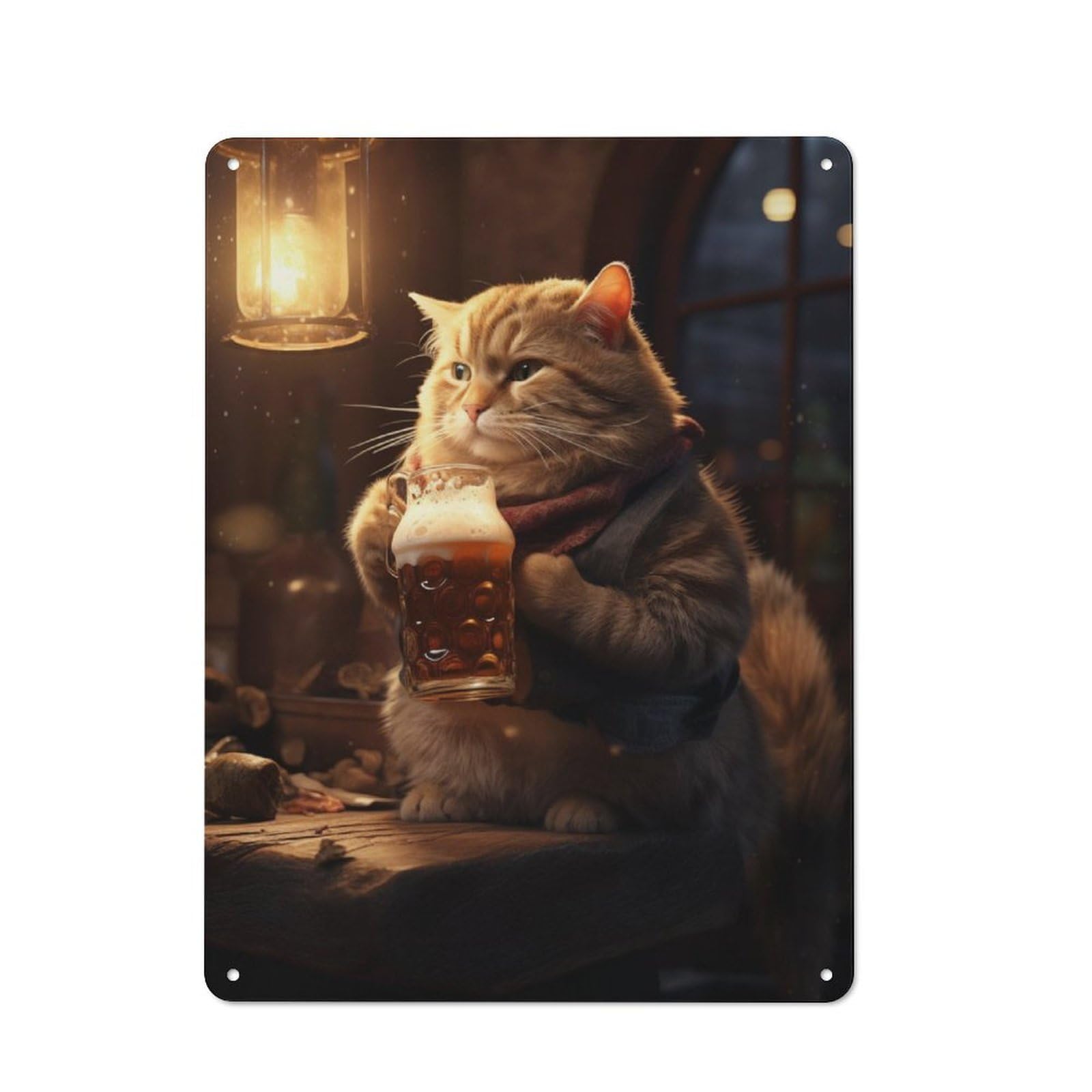 Junmoney Fluffy Cat Drinking Beer Tin Wall Plaque 40X30cm With For Guest Room Or Hallway, For Home Office, Studio And Craft Room Walls