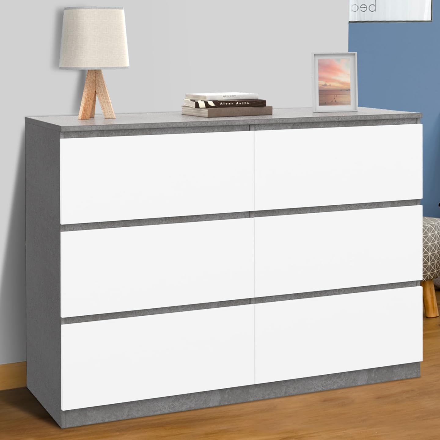 IDMarket - Commode 6 tiroirs TOMI 110 cm Blanc et Effet béton