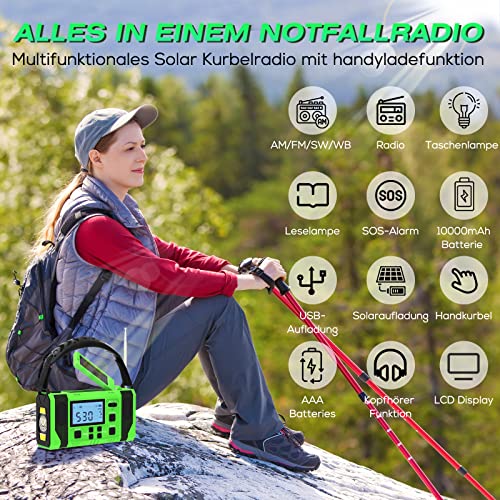 10000mah Kurbelradio Notfall Weltempfänger Solar Radio Kurbel Batterie Tragbare Notfallradio Dynamo Taschenlampe Handkurbel Weltradio Batteriebetrieben AM/FM/SW/WB für Camping Outdoor Ausrüstung – Bild 7