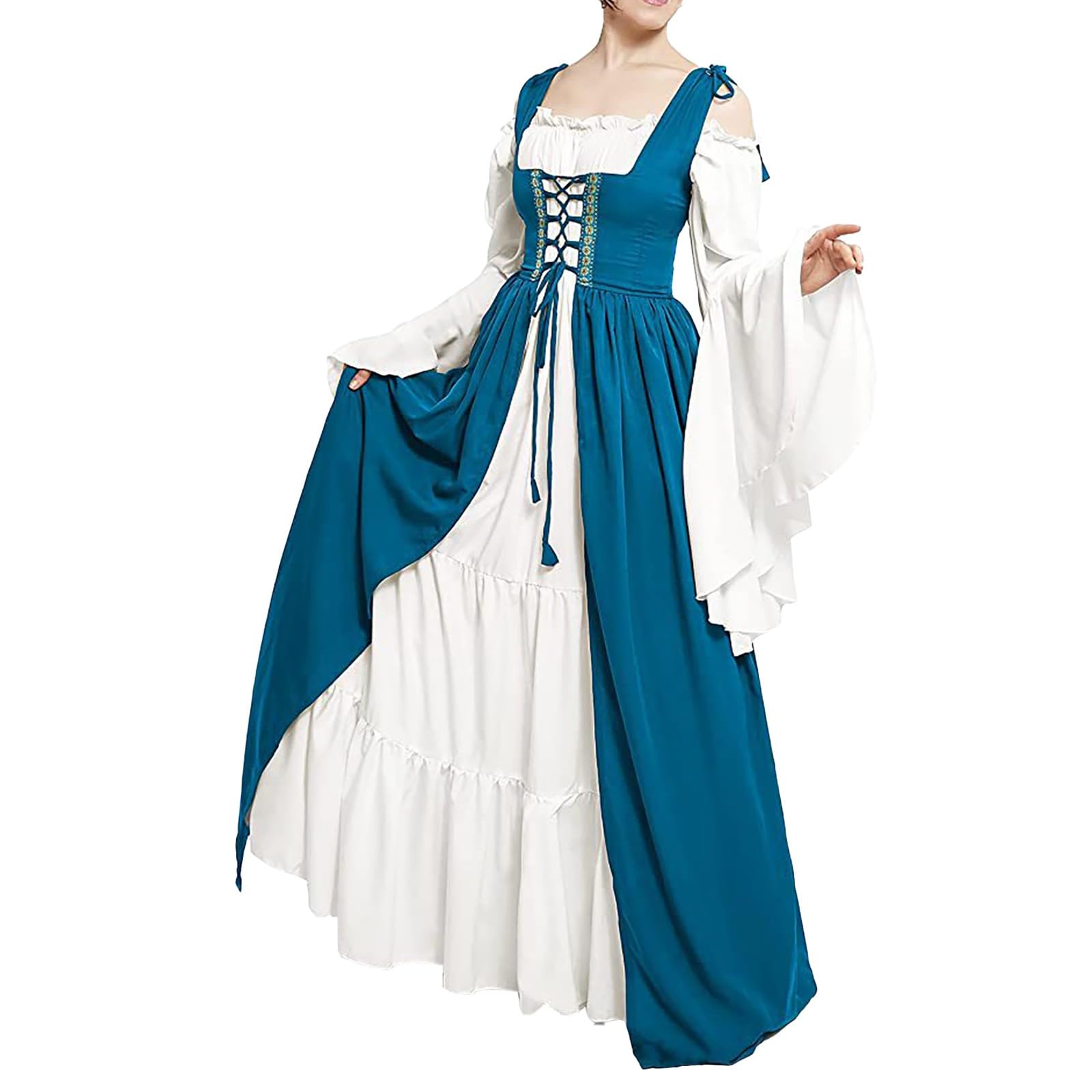 Halloween Costumes Women Women's Medieval Maxi Dress Off Shoulder Bell Long Sleeve Irish Renaissance Dresses Elastic Waist Traditional Halloween Costumes Women's Dress Medieval Costume