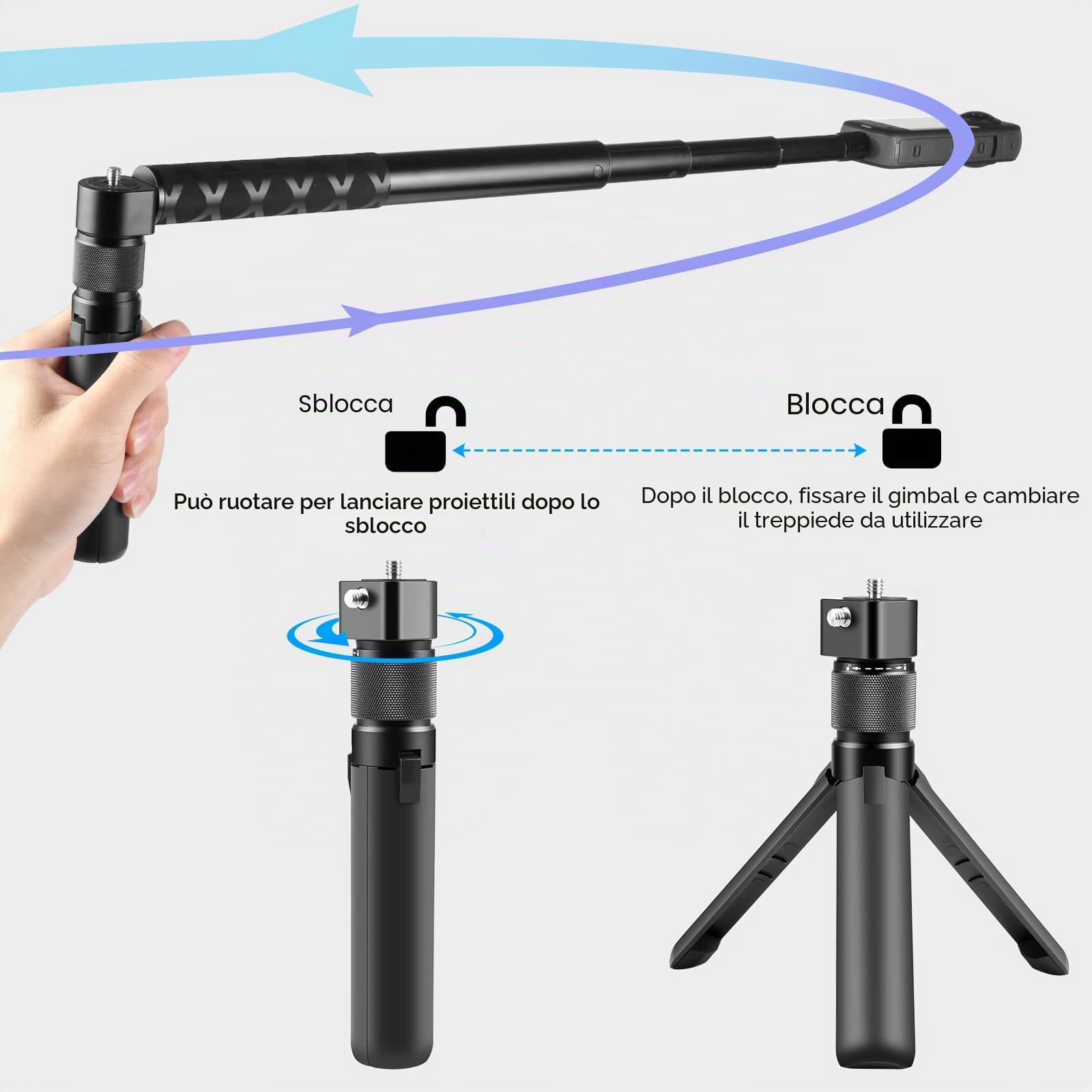 PULUZ Insta 360x4 Treppiede Insta 360 Bullet Time Handle, Mini Treppiede Fotocamera con Doppio 1/4 di Pollice per Insta360 One X2, X3, X4, per Gopro Hero 12 11 10 8 7 6 5