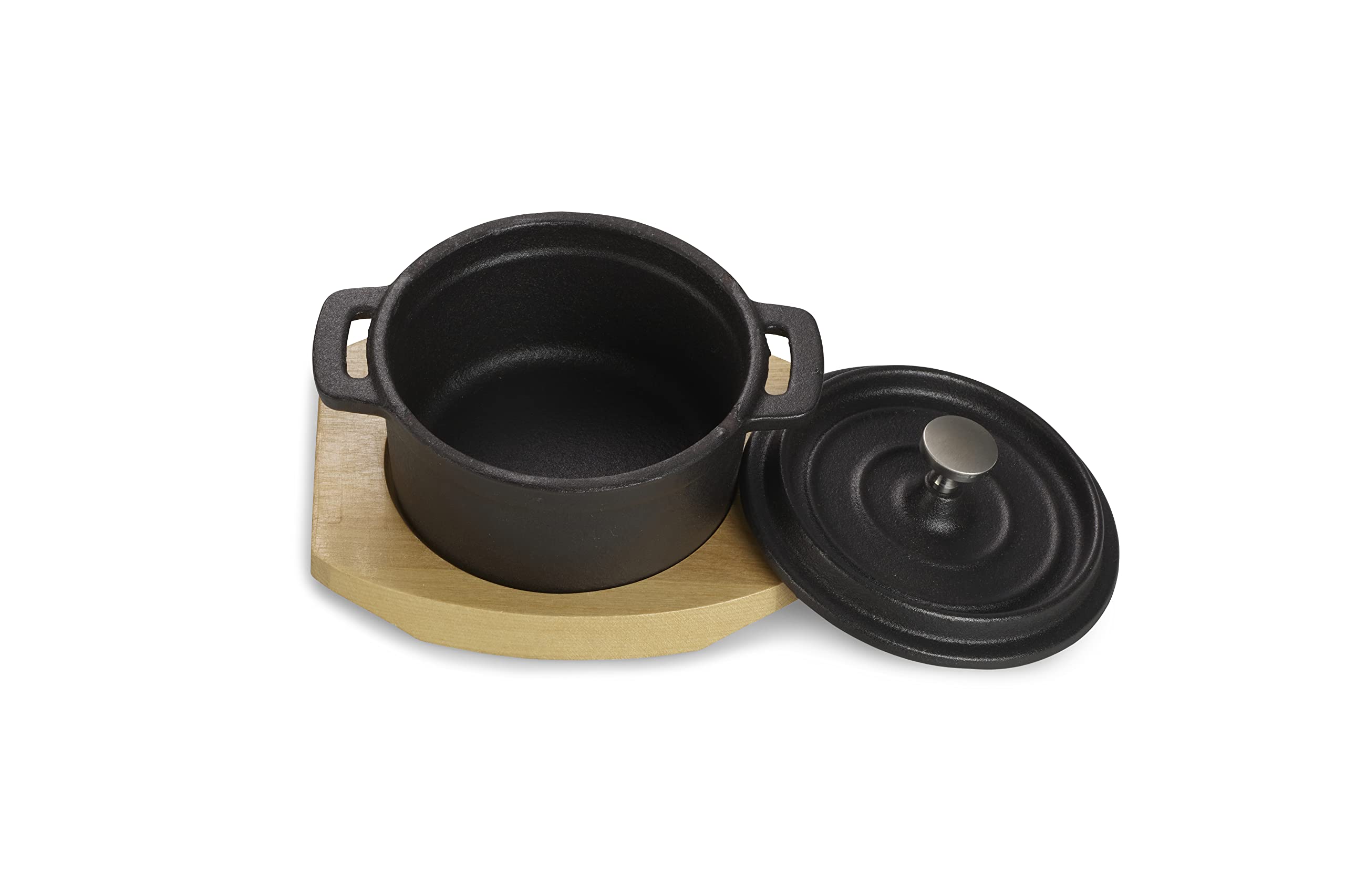 ECHTWERK Kochtopf Set aus Gusseisen, Mini-Kochtopf mit Servierbrett, Kleiner Bräter, Bereits eingebrannt, Für Backöfen, Grill, BBQ und Induktion geeignet, Ideal zum Servieren, 250 ml, 4tlg