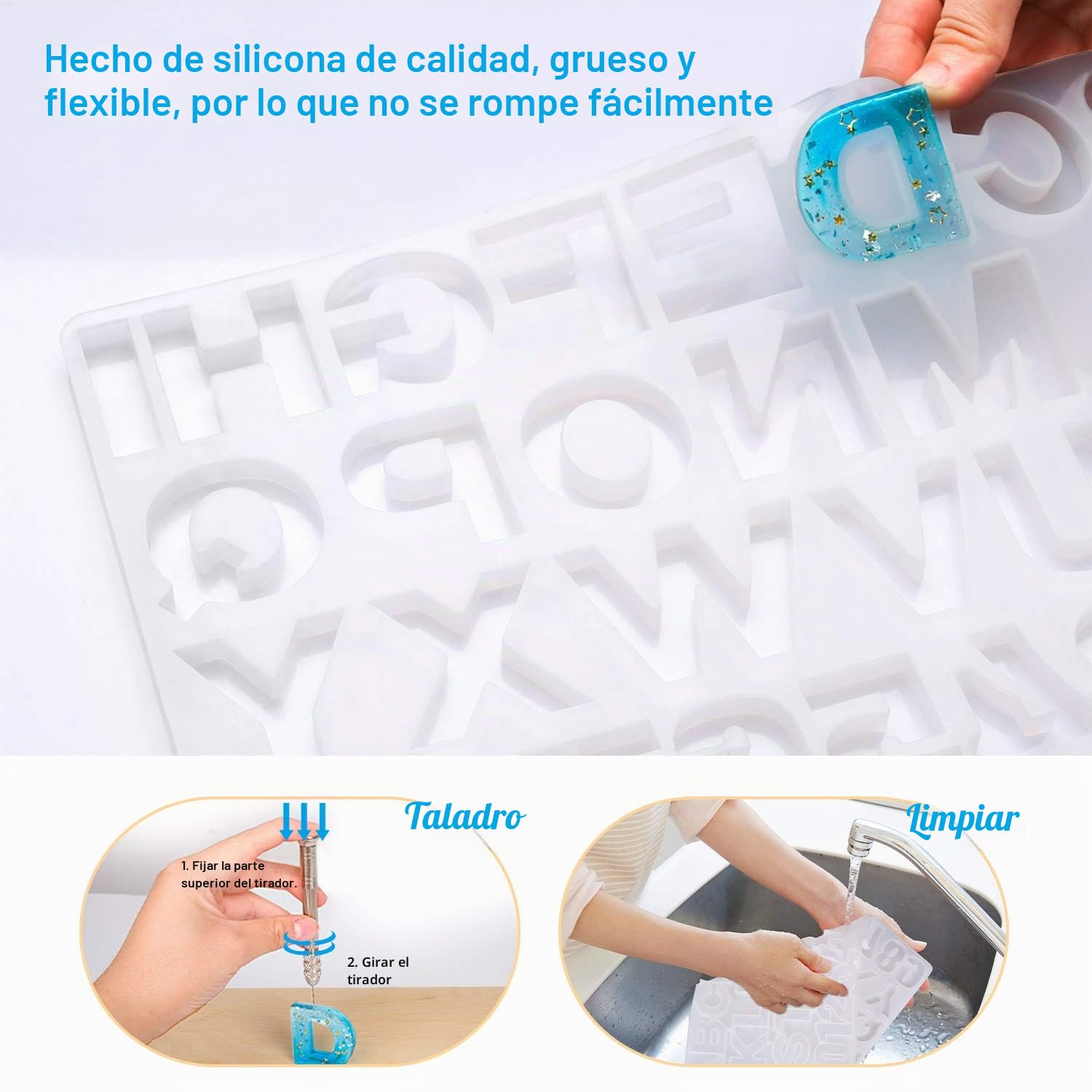 Mocoosy 134Pcs Kit de moldes de resina de alfabeto de silicona, Número de letra Moldes de fundición de resina epoxi Juego de fabricación de llaveros con 1 taladro 2 brocas 30 llaveros 100 tornillos