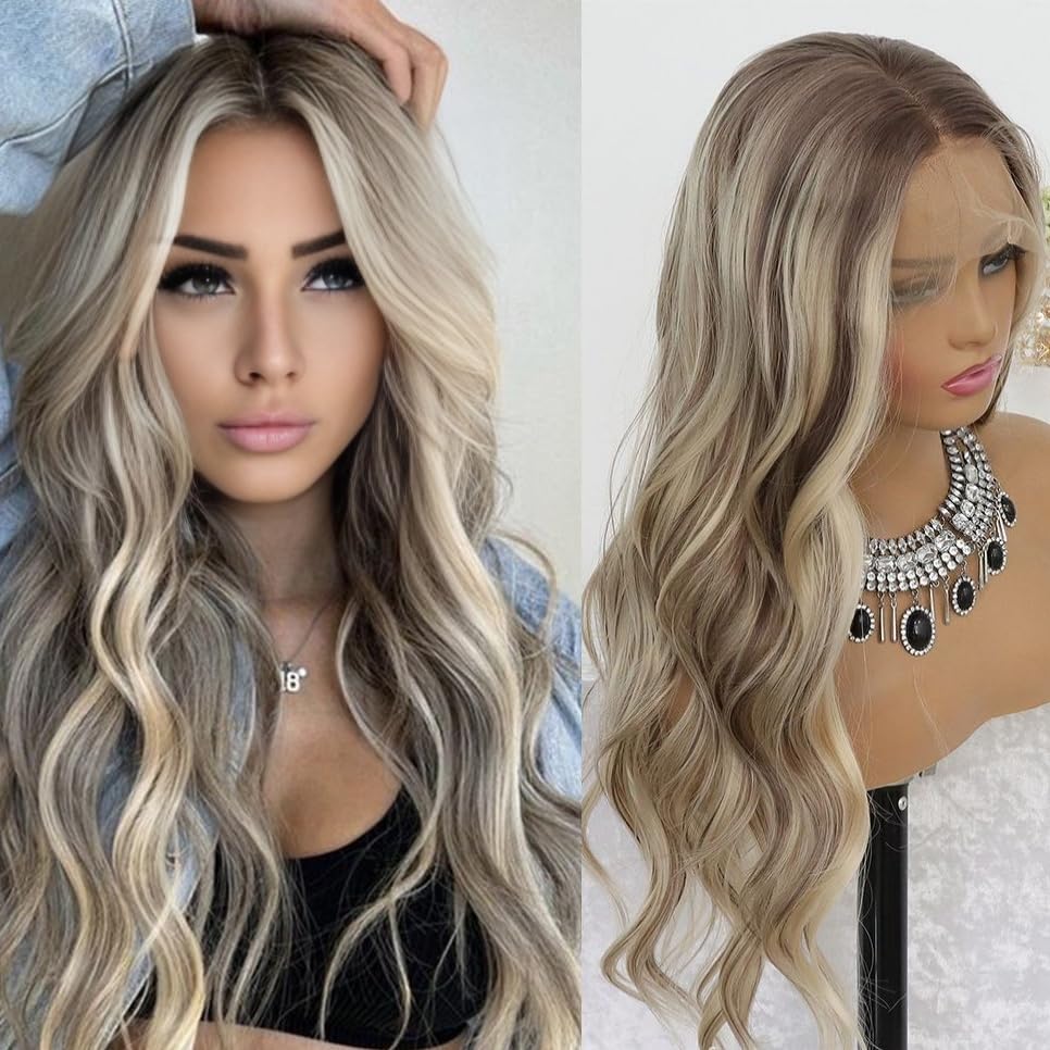 Frontal wig ash blonde ombré wavy layered long European Hair Wig: Blonde ombre main image 4
