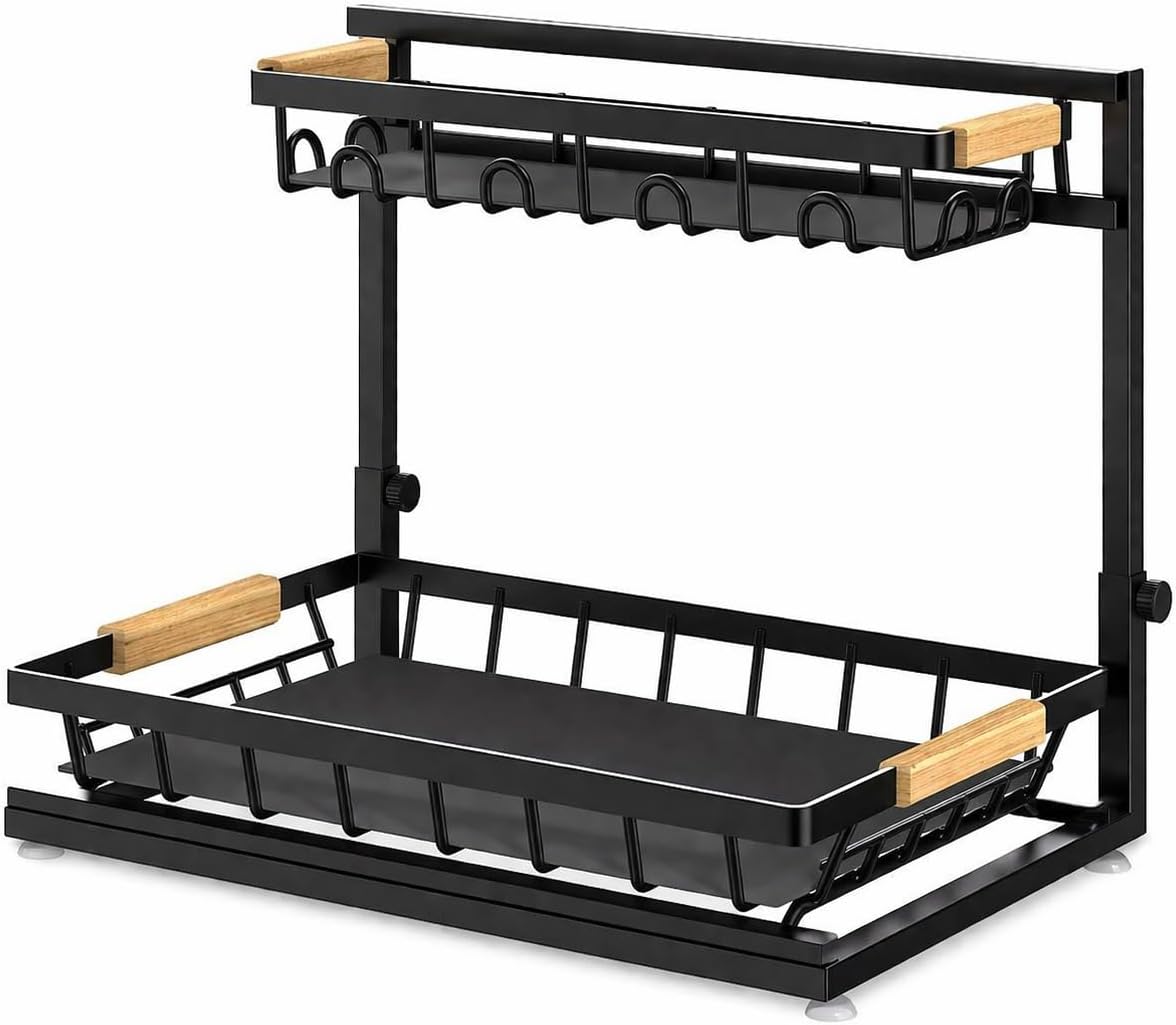 L-Shaped Adjustable 2-Tier Under Sink Organizer – Sliding Metal Storage Shelf for Kitchen & Bathroom Cabinets (Black)