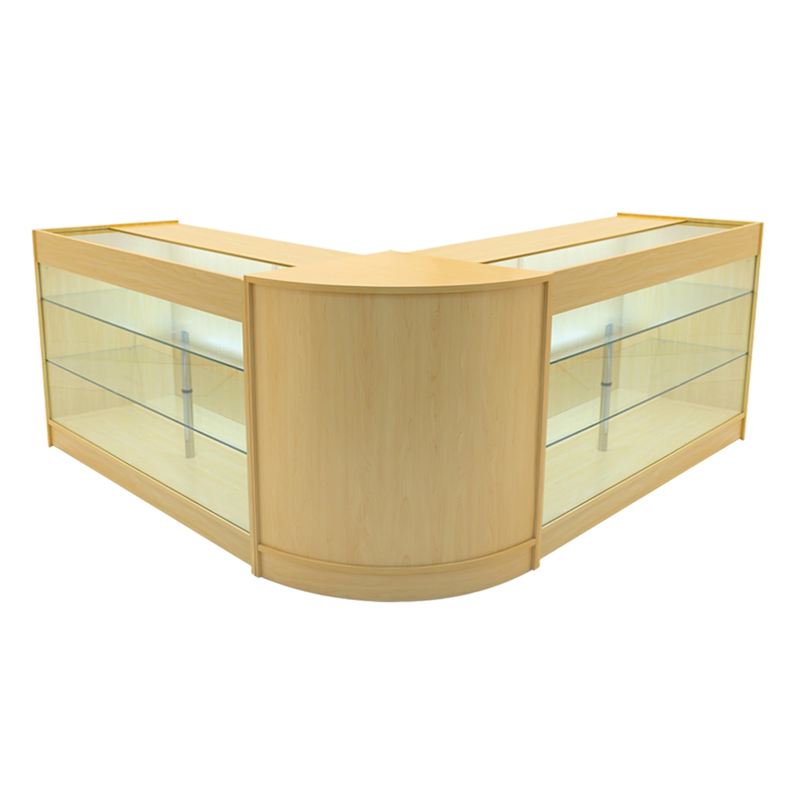 Ahorn Verkaufstresen-Set Helios LED-Beleuchtung K1500 CM60 Abschließbare Schiebetüren mit Schlüsseln 3 Einzelhandels-Lagereinheiten Glasvitrine Ecktheke I Innere Regale Weiße Beleuchtung