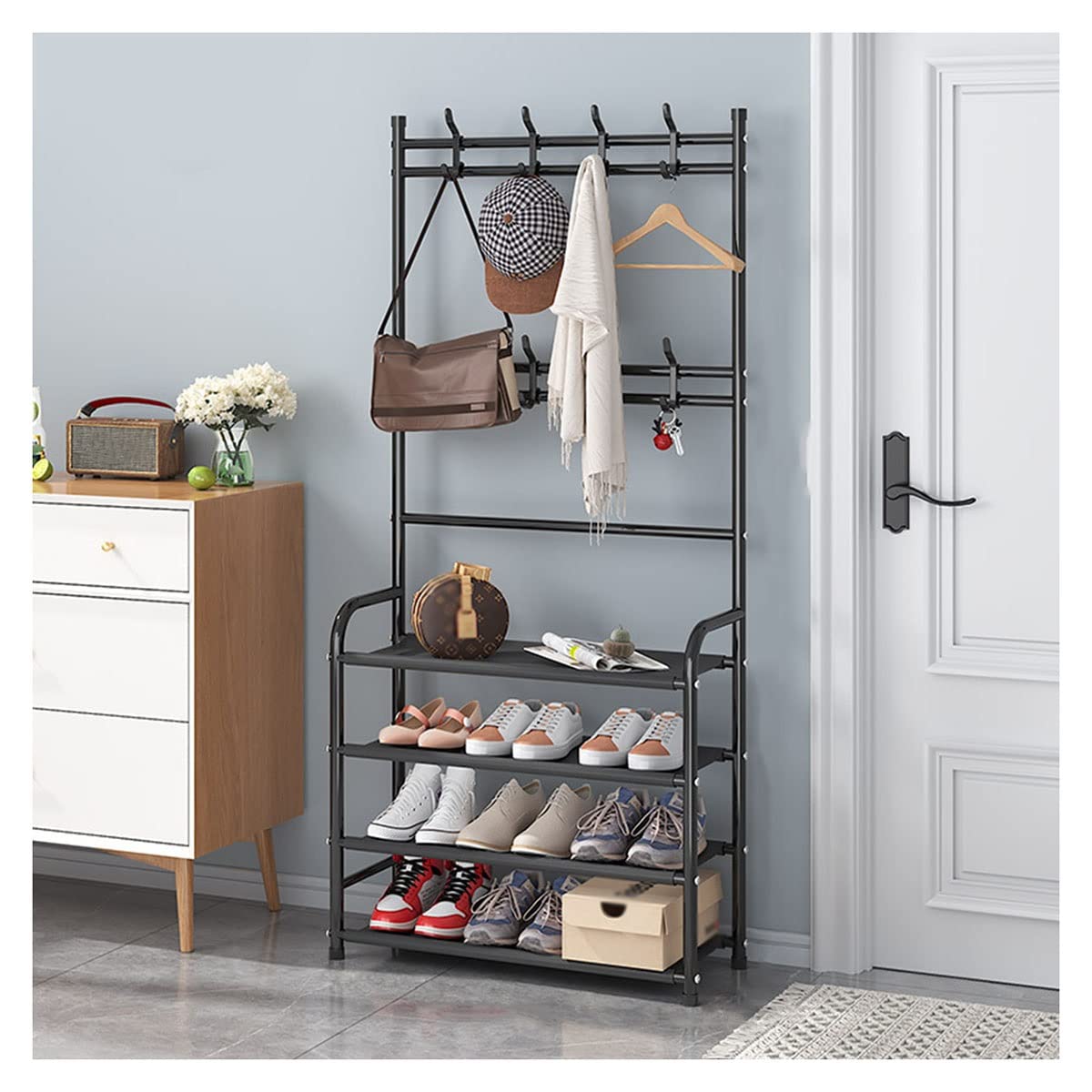 LWJSOCP Black 4 Layer Shoe and Coat Rack Bench for Indoor Storage and nization 80cm Height