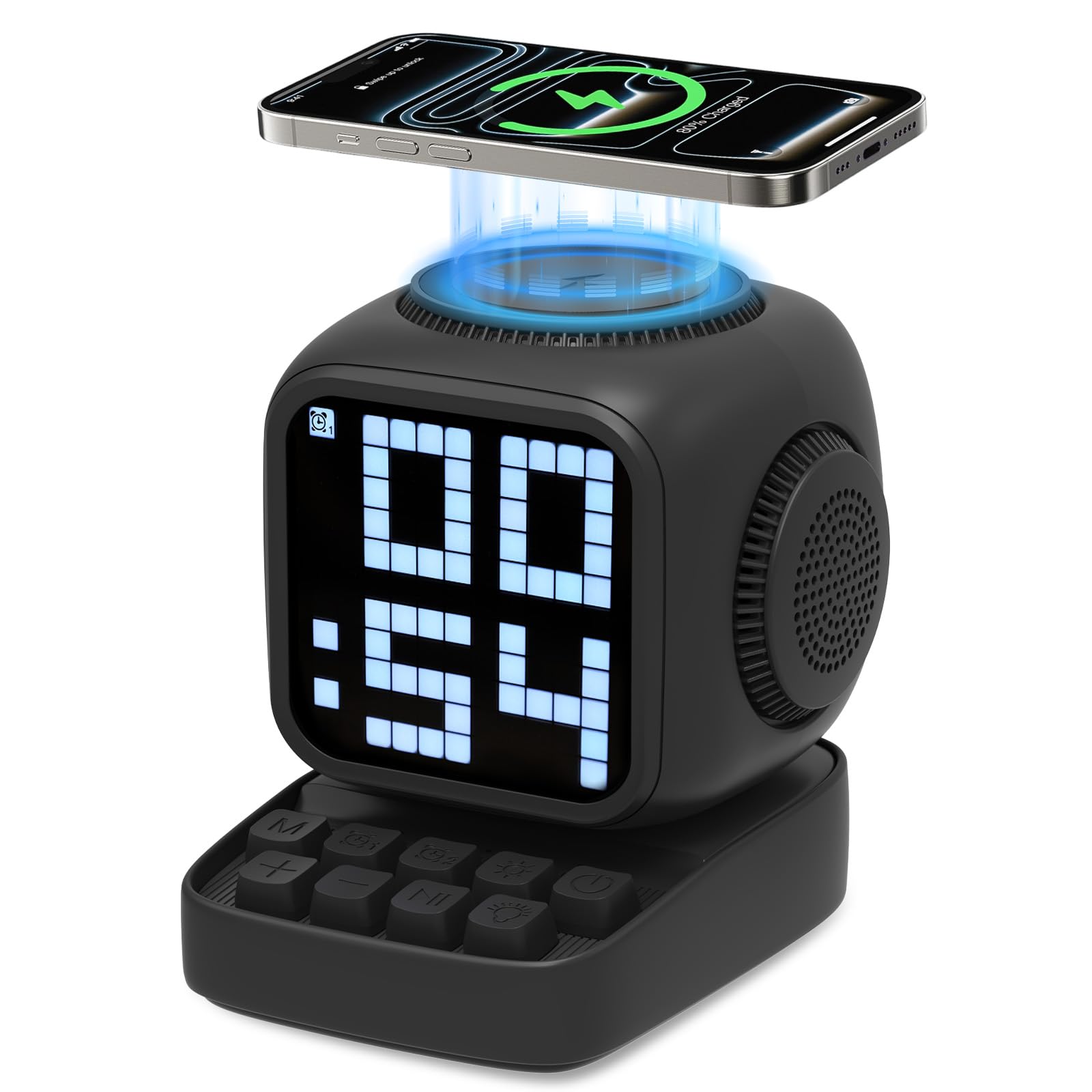 Cassa Bluetooth Portatile Potente 15W con stazione di ricarica induttiva, orologio da tavolo digitale intelligente, sveglia con rumore bianco, per scrivania, ufficio, adatto come regalo (Nero)
