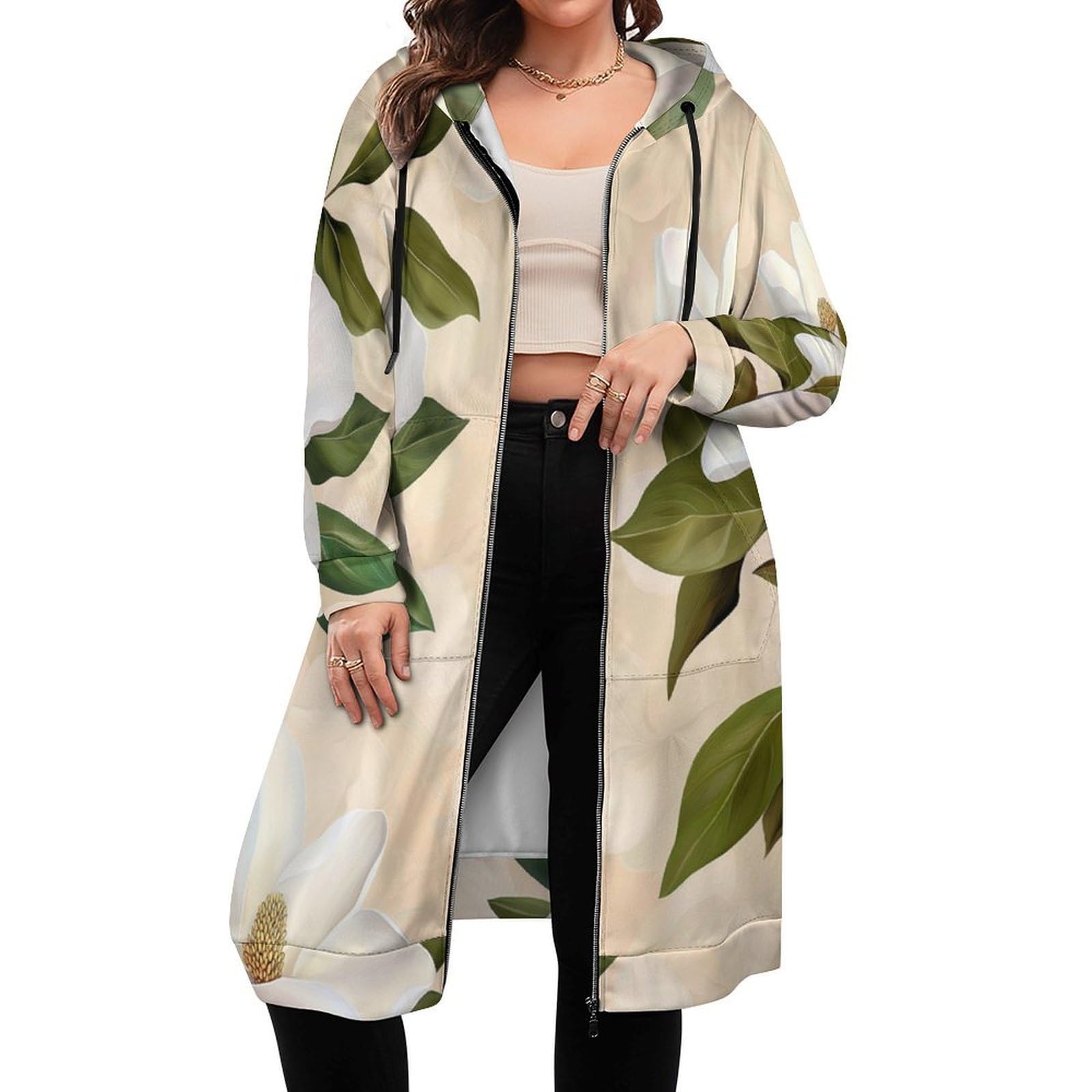 Felpa Donna con Zip Felpe Sportiva con Tasche E Cappuccio Magnolia Bianca Morbida Invernale Giacca Regolabile Confortevole per Uso Quotidiano Casual