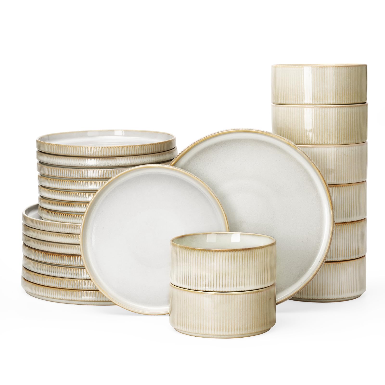Famiware Star Plates and Bowls Sets, Modern Stoneware Dinnerware Sets for 8, 24-Piece Kitchen Dish Sets - Microwave and Dishwasher Safe, Chip and Scratch Resistant, Cappuccino White