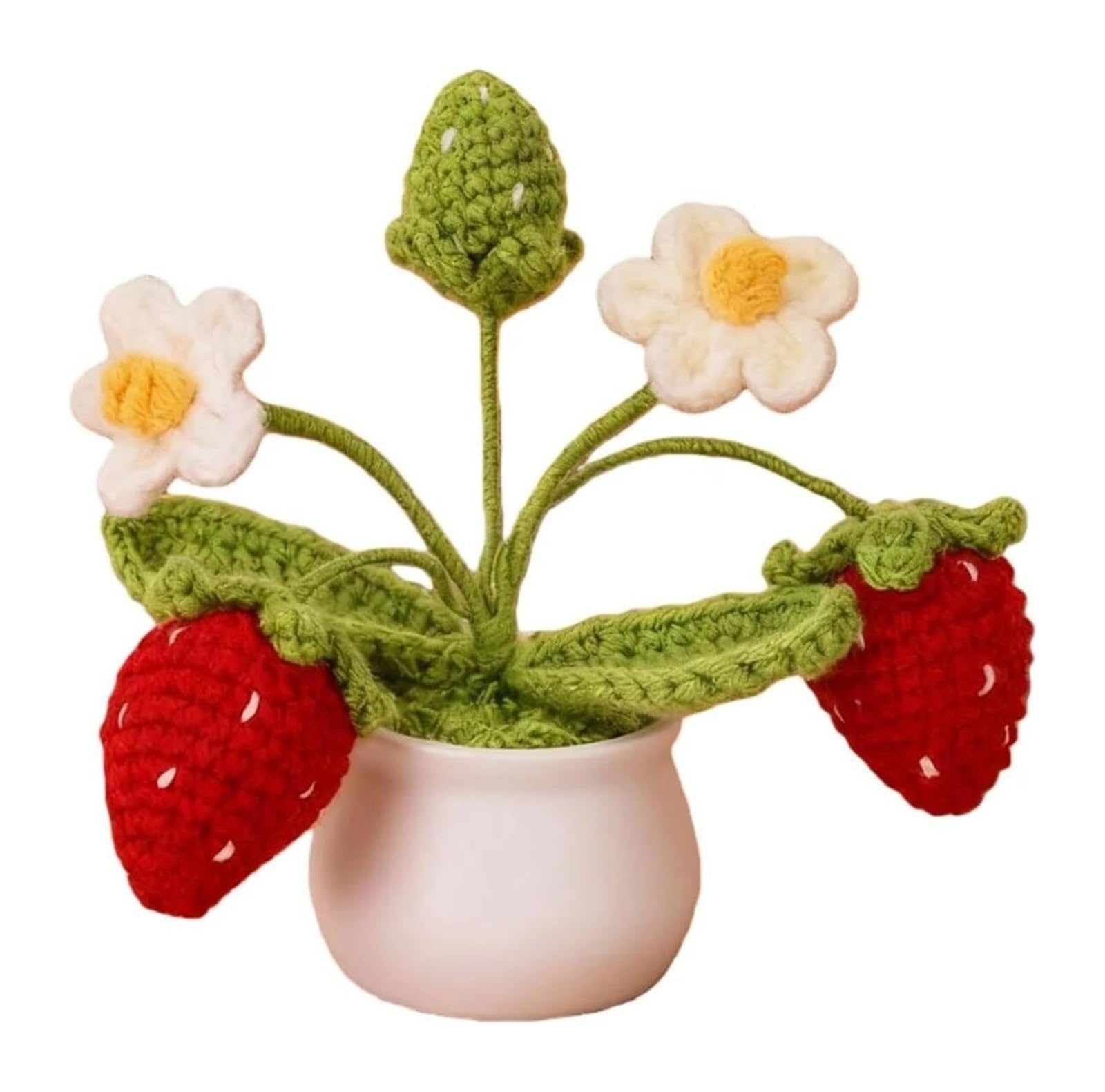 TVANTRUXIS Hand Woven Artificial Flowers, Handmade Crochet Potted Flower Bouquet for Home Decor Strawberry(Strawberry)