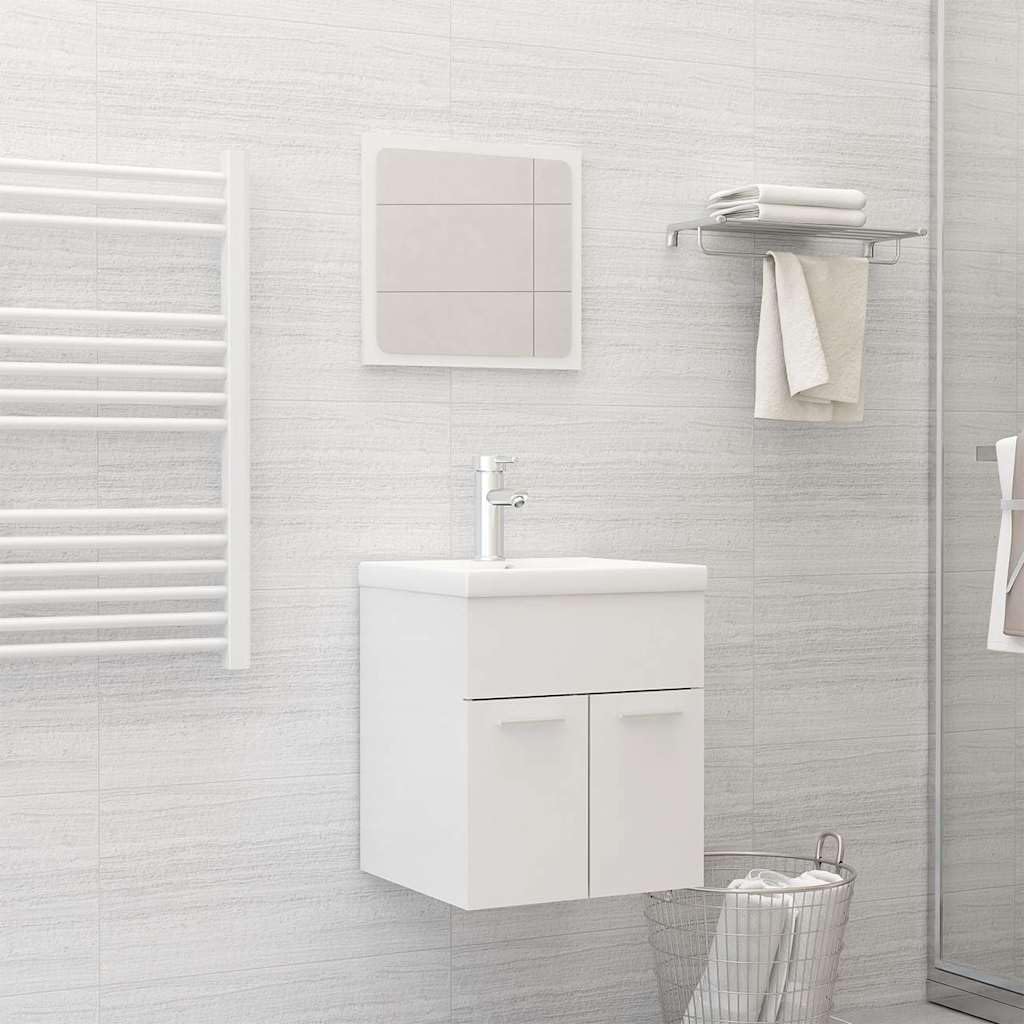 Juego de muebles de baño de color blanco brillante de madera con armario para lavabo, lavabo empotrado de cerámica, espejo, espacio de almacenamiento y sistema de desagüe para baño y