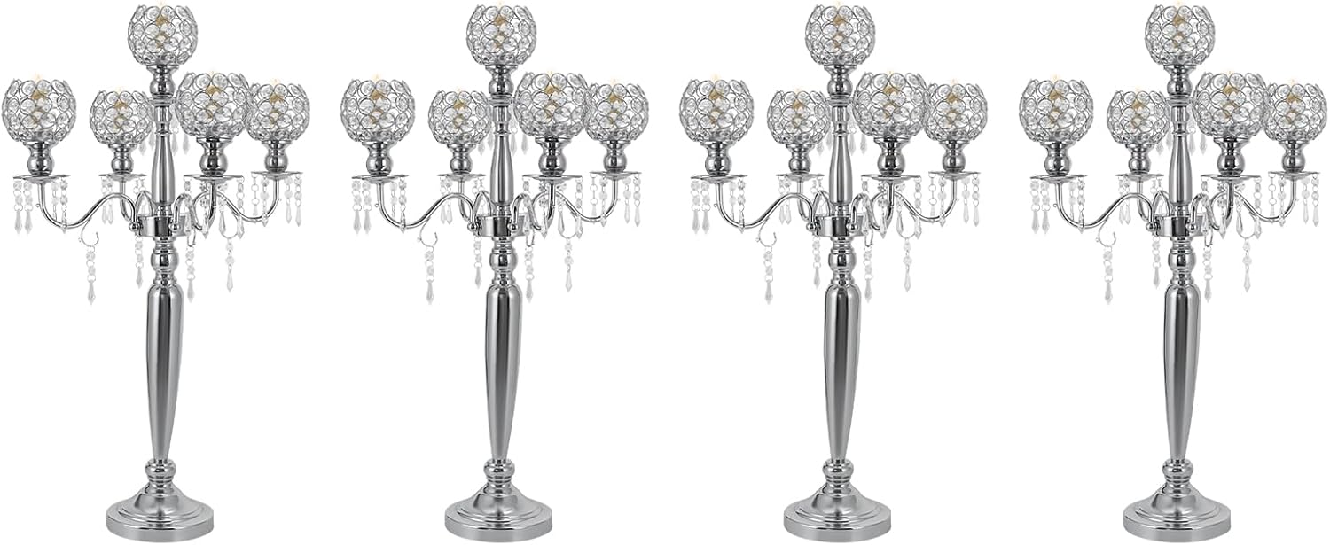 5-Arm Crystal Candelabra Centerpieces for Tables, 4 Pcs Silver Candle Holder for Tea Light Candles, 29.5inch Tall Crystal Candle Holder Wedding Centerpieces for Party Events Decorations