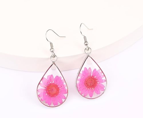 Miniatura 3 de Pendientes de flor de margarita prensada, flores secas naturales, aretes colgantes de lágrima, joyería de regalo
